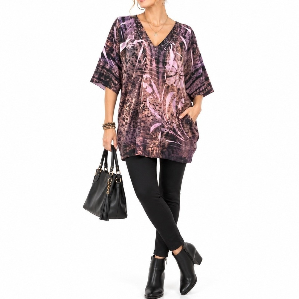 New Directions Top Womens XL Purple Animal Floral Rhinestone Blouse MA1808L41I